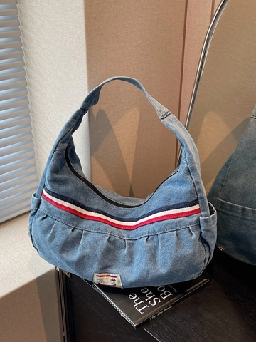 Women Vintage Denim Hobo Shoulder Bag Large Capacity Underarm Bag With Striped Webbing Casual Washed Denim Tote Bag