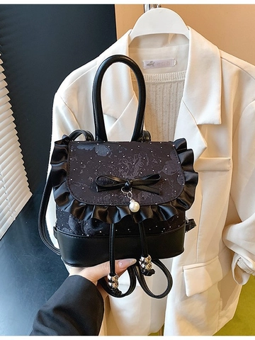 Women Mini Balletcore Backpack PU Leather Lace Trim Bow Artificial Pearl Pendant Sweet Fashion Small Shoulder Bag Daily