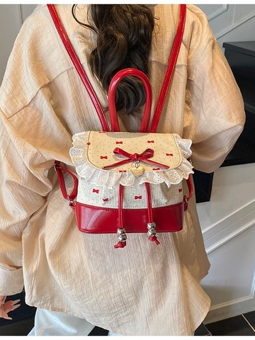 Women Mini Balletcore Backpack PU Leather Lace Trim Bow Artificial Pearl Pendant Sweet Fashion Small Shoulder Bag Daily