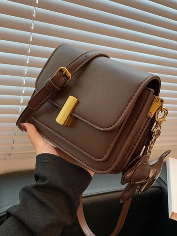 Vintage PU Leather Small Square Crossbody Bag For Women Fashionable Commuting Shoulder Bag With Dog Charm Gold Lock Closure