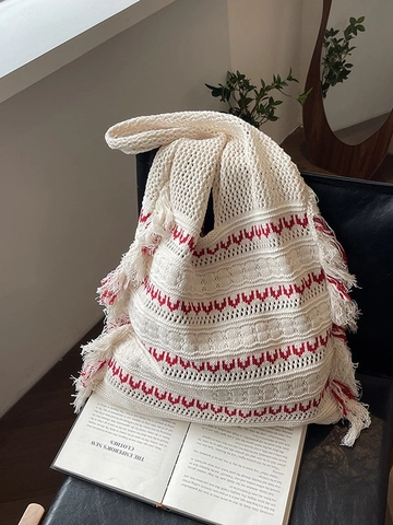 Damen Bohemian Gestrickte Tragetasche Mit Fransen Vintage Rot Wellenmuster Große Kapazität Häkeln Schultertasche Für Reisen