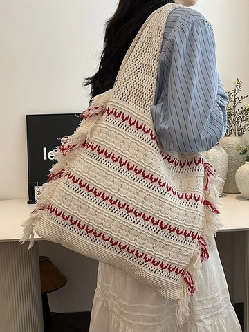 Damen Bohemian Gestrickte Tragetasche Mit Fransen Vintage Rot Wellenmuster Große Kapazität Häkeln Schultertasche Für Reisen