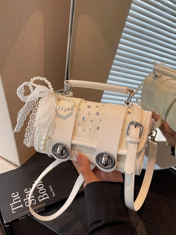 Sac Carré en Cuir PU pour Femmes Strass Style Doux Poignée Chaîne de Perles Nœud en Dentelle Sac à Main Mode
