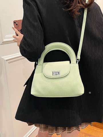 Vintage Pleated PU Leather Bucket Bag For Women Trendy Commuter Shoulder Bag With Silver Twist Lock Handheld Crossbody Bag
