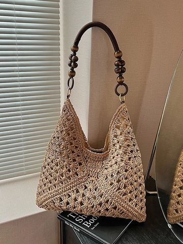Bohemian Straw Woven Tote Bag For Women Summer Beach Vacation Large Capacity Shoulder Bag With Wooden Bead Strap Hollow Crochet