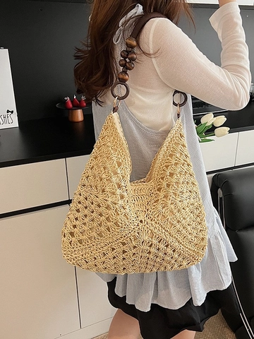Bohemian Straw Woven Tote Bag For Women Summer Beach Vacation Large Capacity Shoulder Bag With Wooden Bead Strap Hollow Crochet