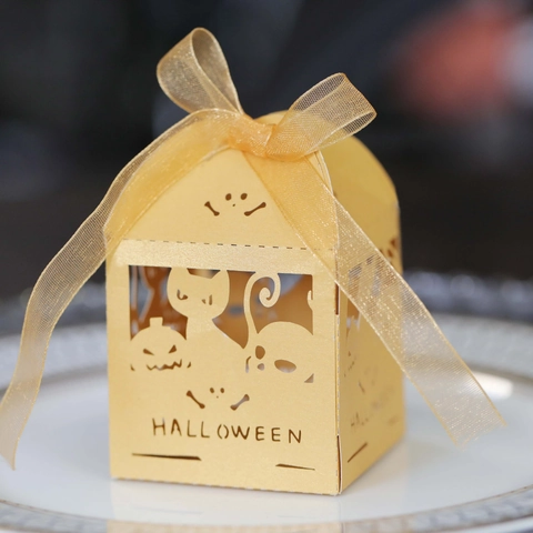 Scatola di Caramelle Taglio Laser Halloween Zucca Gatto Teschio Carta Perlata Con Fiocco per Decorazioni Festa di Halloween