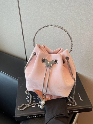 Women Fashion PU Bucket Bag With Butterfly Metal Decoration Artificial Pearl Drawstring Handbag Crossbody Chain Bag