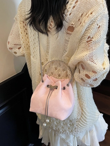 Women Fashion PU Bucket Bag With Butterfly Metal Decoration Artificial Pearl Drawstring Handbag Crossbody Chain Bag