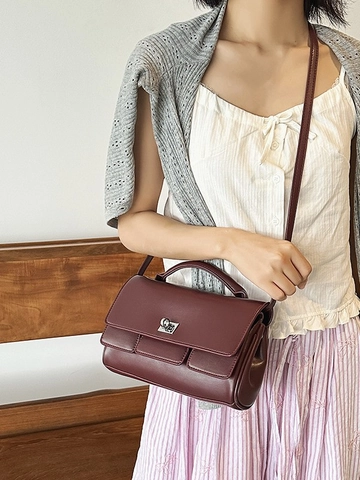Sac Carré Élégant en Cuir PU pour Femmes Sac à Main Polyvalent Bandoulière Avec Serrure en Métal Argenté Style Navette