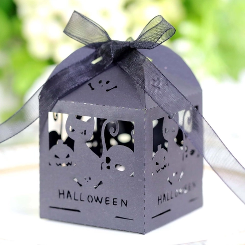 Scatola di Caramelle Taglio Laser Halloween Zucca Gatto Teschio Carta Perlata Con Fiocco per Decorazioni Festa di Halloween