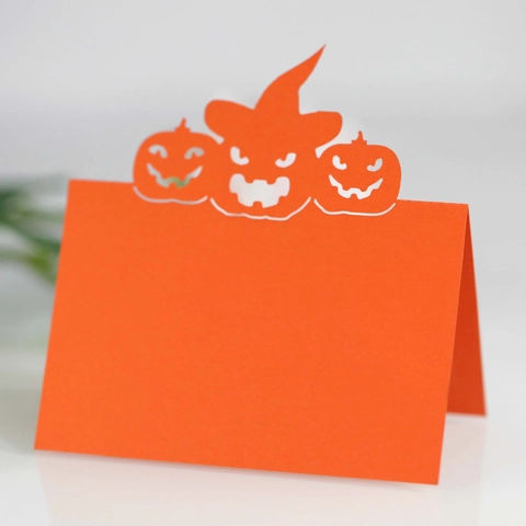 Marque-Places Halloween Découpe Laser Citrouille Chapeau de Sorcière pour Décoration de Table de Fête Papier Nacré