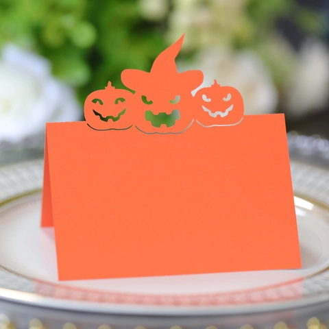 Marque-Places Halloween Découpe Laser Citrouille Chapeau de Sorcière pour Décoration de Table de Fête Papier Nacré