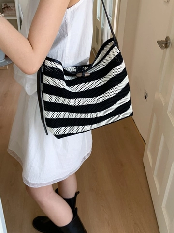 Women Stripe Knitted Shoulder Bag Large Capacity Fabric Tote Bag Casual Mesh Underarm Bag With Toggle Button Fashion Handbag