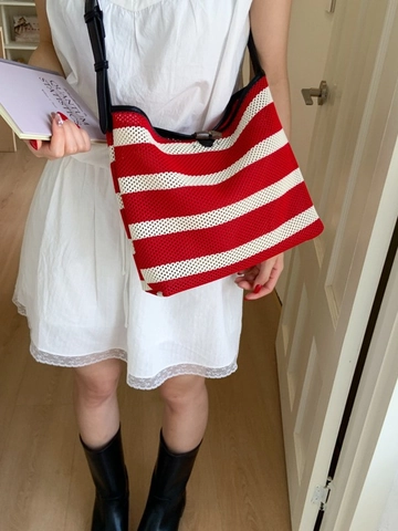 Women Stripe Knitted Shoulder Bag Large Capacity Fabric Tote Bag Casual Mesh Underarm Bag With Toggle Button Fashion Handbag