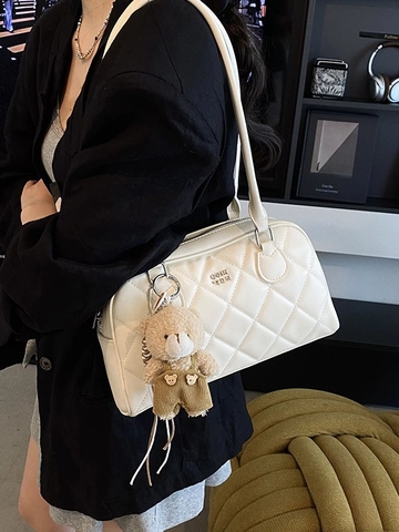 Women Quilted Diamond Pattern Shoulder Bag PU Leather Tote Handbag With Bear Charm Korean Style Daily Bowling Bag