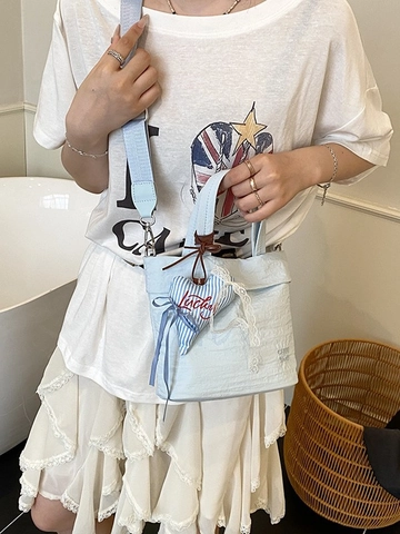 Borsa a Secchiello Casual in Tessuto Increspato Con Ciondolo a Cuore e Bordo in Pizzo Borsa a Tracolla Versatile da Donna