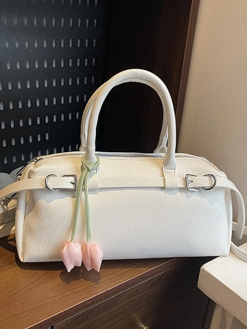 Women's PU Leather Boston Bag Lychee Texture Chic Niche Baguette Shoulder Bag With Tulip Pendant Commuter Handbag