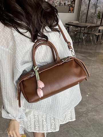 Women's PU Leather Boston Bag Lychee Texture Chic Niche Baguette Shoulder Bag With Tulip Pendant Commuter Handbag