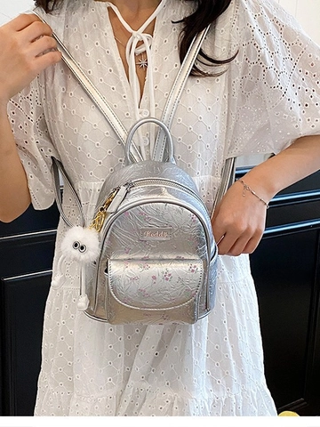 Fashion Women's Mini Backpack Floral Printed PU Leather Small Daypack With Plush Monster Charm Casual Lightweight School Bag