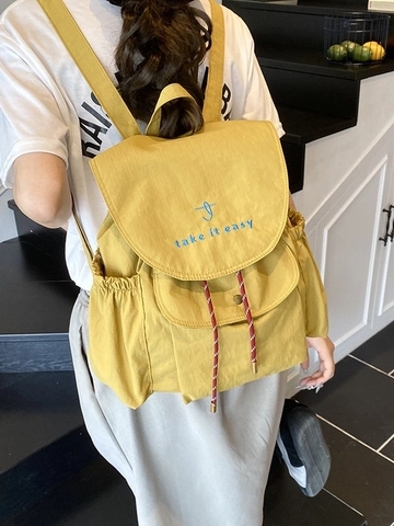 Large Capacity Women Nylon Backpack Lightweight Casual Travel Rucksack With Embroidery Letter Contrast Drawstring Fashion Bag