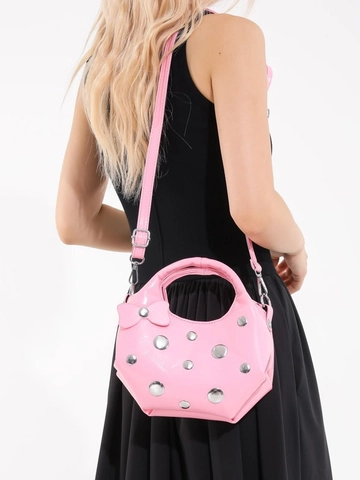 Women's Shiny PU Leather Bucket Bag With Rivets And Bow Niche Design Handbag Versatile Crossbody Shoulder Bag For Daily