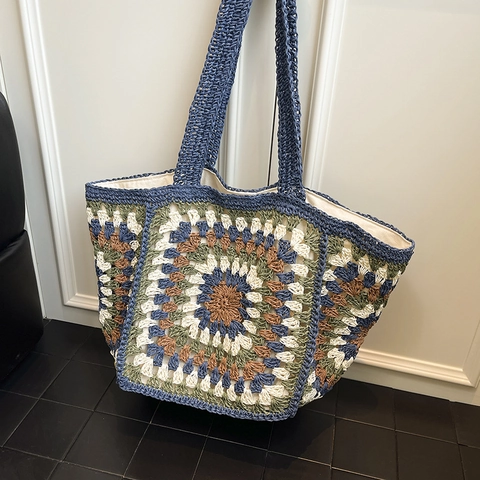 Damen Boho Gehäkelte Einkaufstasche Granny Square Blumenmuster Große Kapazität Handgefertigte Ethno Schultertasche