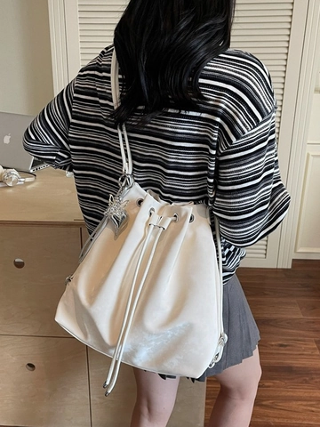 Women Large Capacity PU Leather Bucket Bag Drawstring Closure Shoulder Crossbody Handbag With Metal Heart Pendant Top Handle