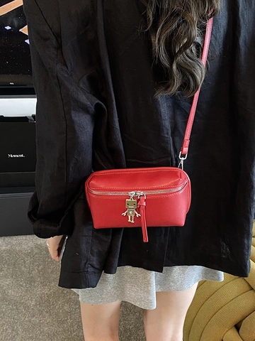 Borsa a Tracolla da Donna in Pelle PU Mini Box con Ciondolo Robot Borsa a Spalla Quadrata Piccola Tinta Unita Trendy Quotidiana
