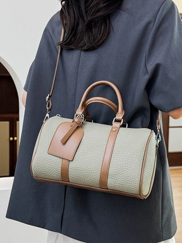 Women Retro PU Leather Bowling Handbag Vintage Litchi Pattern Contrast Color Shoulder Crossbody Bag Casual Daily Satchel