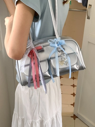 Women Retro Sweet PU Leather Shoulder Bag Plaid Ribbon Lace Bow Heart Pendant Underarm Boston Pillow Handbag Commute Daily Bag