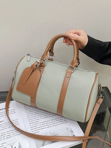 Women Retro PU Leather Bowling Handbag Vintage Litchi Pattern Contrast Color Shoulder Crossbody Bag Casual Daily Satchel