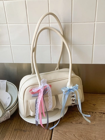 Women Retro Sweet PU Leather Shoulder Bag Plaid Ribbon Lace Bow Heart Pendant Underarm Boston Pillow Handbag Commute Daily Bag