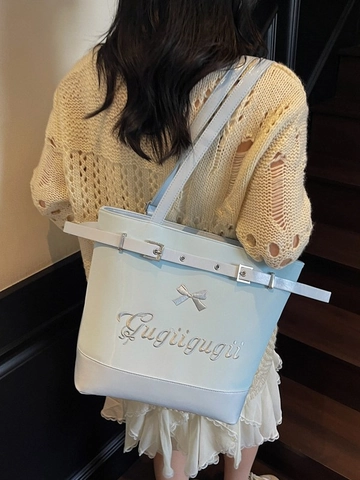 Fashion Women Bowknot Large Capacity PU Leather Backpack Tote Shoulder Bag With Embroidery Letter Design Daily Commuting Bag