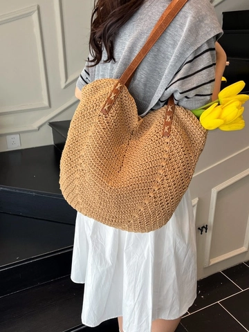 Grand Sac Cabas Tissé en Paille pour Femmes Sac à Bandoulière de Plage Décontracté avec Sangles en Cuir Voyage