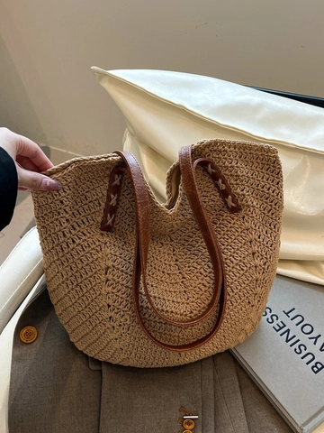 Grand Sac Cabas Tissé en Paille pour Femmes Sac à Bandoulière de Plage Décontracté avec Sangles en Cuir Voyage
