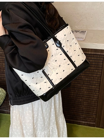 Large Capacity Women Bow Print Tote Bag Vintage Ruffled PU Leather Shoulder Bag With Pearl Heart Charm Sweet Travel Handbag