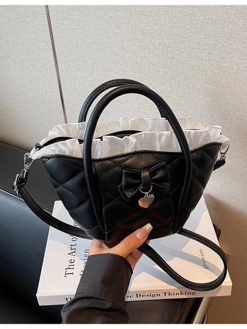 Sweet Quilted Bow Bucket Bag For Women PU Leather Ruffle Trim Heart Pendant Crossbody Bag Korean Style Handheld Small Bag