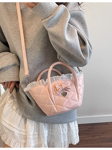 Sweet Quilted Bow Bucket Bag For Women PU Leather Ruffle Trim Heart Pendant Crossbody Bag Korean Style Handheld Small Bag