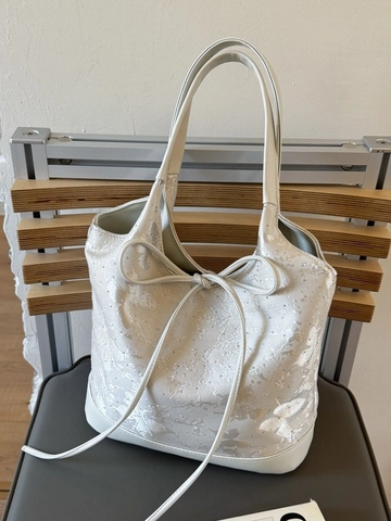 Borsa a Secchiello Vintage in Jacquard con Farfalle da Donna Ampia Tote Con Fiocco Elegante Borsa a Spalla