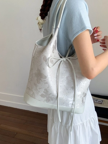 Borsa a Secchiello Vintage in Jacquard con Farfalle da Donna Ampia Tote Con Fiocco Elegante Borsa a Spalla