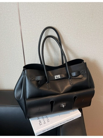 Women Large Capacity PU Leather Tote Bag Vintage Multi Pocket Shoulder Bag With Small Pouch Black Casual Commuter Handbag