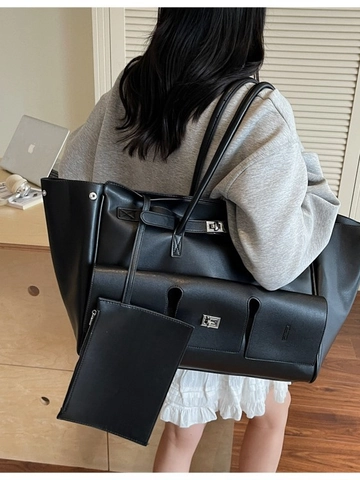 Women Large Capacity PU Leather Tote Bag Vintage Multi Pocket Shoulder Bag With Small Pouch Black Casual Commuter Handbag