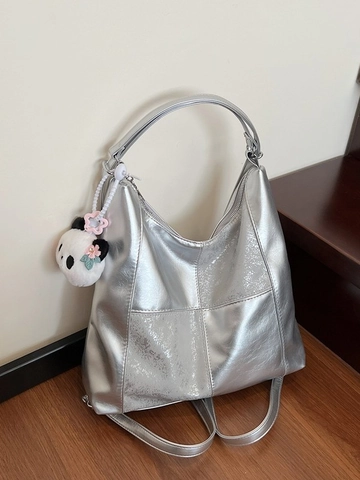 Women's Fashion PU Leather Large Capacity Tote Backpack With Panda Plush Charm Shiny Metallic Finish Casual Shoulder Bag