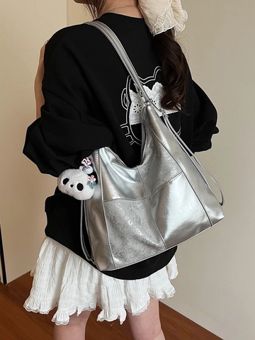 Women's Fashion PU Leather Large Capacity Tote Backpack With Panda Plush Charm Shiny Metallic Finish Casual Shoulder Bag