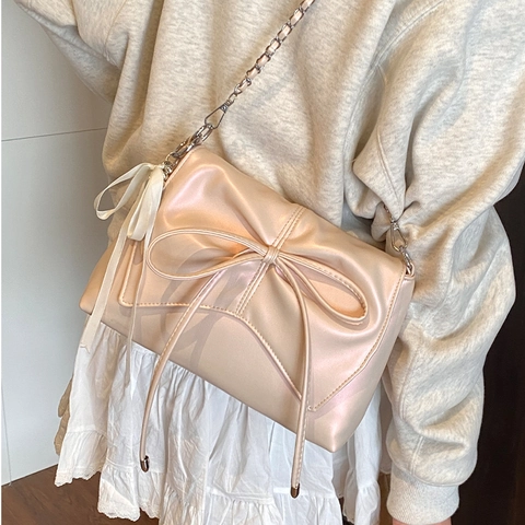 Women Fashion PU Leather Large Bow Shoulder Bag Sweet Ballet Style Metallic Chain Crossbody Bag With Ribbon Pendant