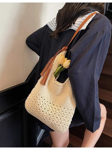 Handgefertigte Gewebte Polyester Umhängetasche Damen Böhmische Häkelarbeit Strand Crossbody Quaste Khaki Off-white Sommer