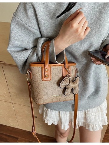 Women Vintage PU Leather Monogram Bucket Bag Crossbody Shoulder Handbag Fashion Contrast Stitching Daily Casual Chic Purse