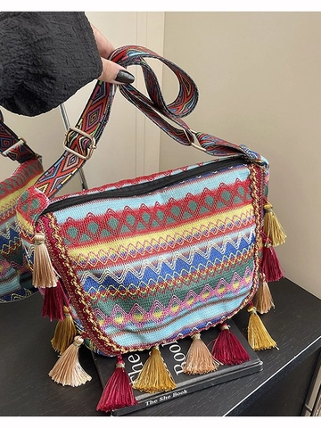 Bohemian Ethnic Style Woven Crossbody Bag For Women Large Capacity Tassel Decor Geometric Pattern Adjustable Wide Strap