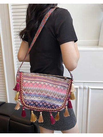 Bohemian Ethnic Style Woven Crossbody Bag For Women Large Capacity Tassel Decor Geometric Pattern Adjustable Wide Strap